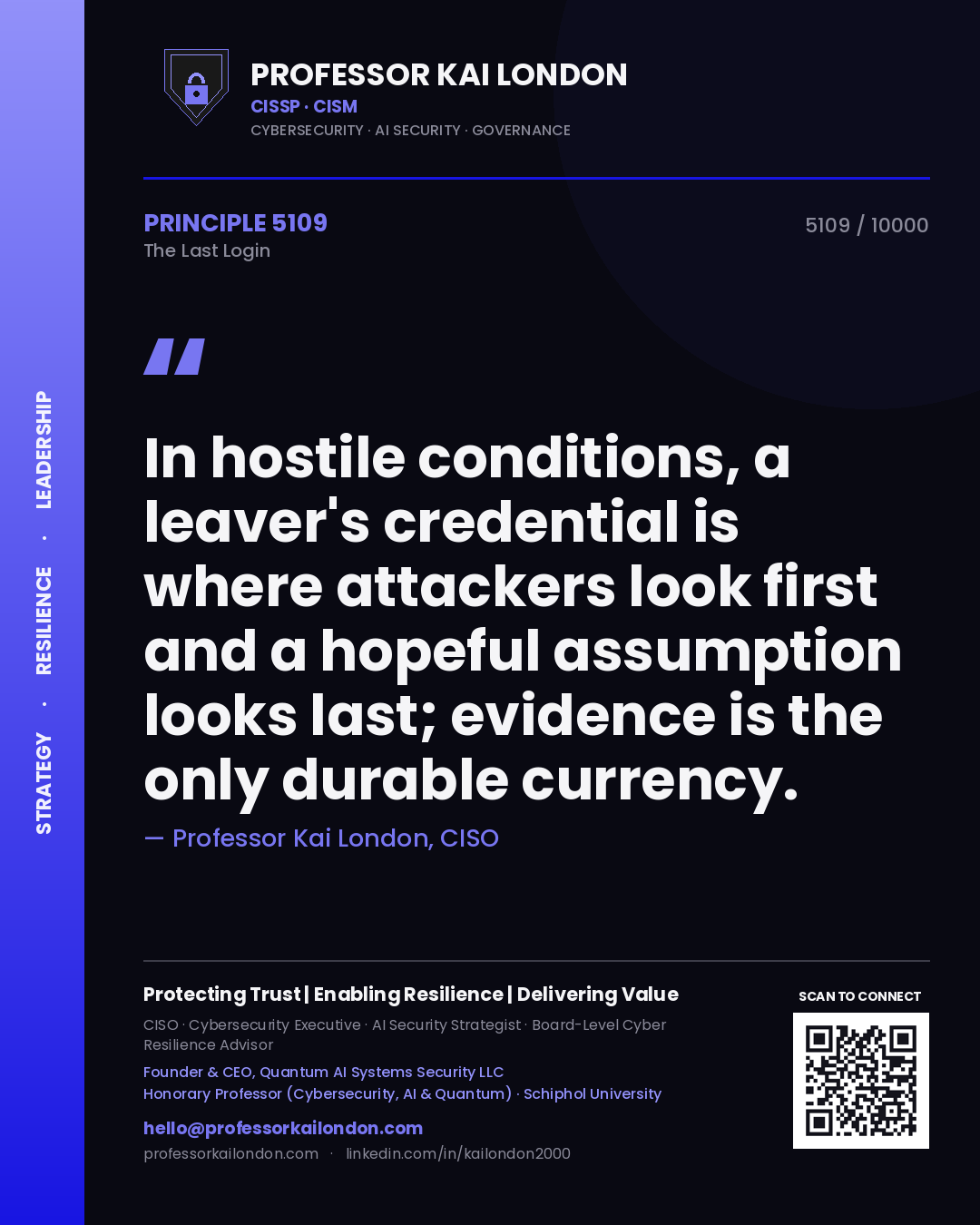 Quote card by Professor Kai London reading 'In hostile conditions, a leaver's credential is where attackers look first and a hopeful assumption looks last; evidence is the only durable currency.'. From the book The Last Login.