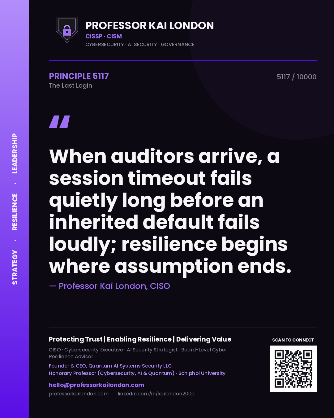 Quote card by Professor Kai London reading 'When auditors arrive, a session timeout fails quietly long before an inherited default fails loudly; resilience begins where assumption ends.'. From the book The Last Login.