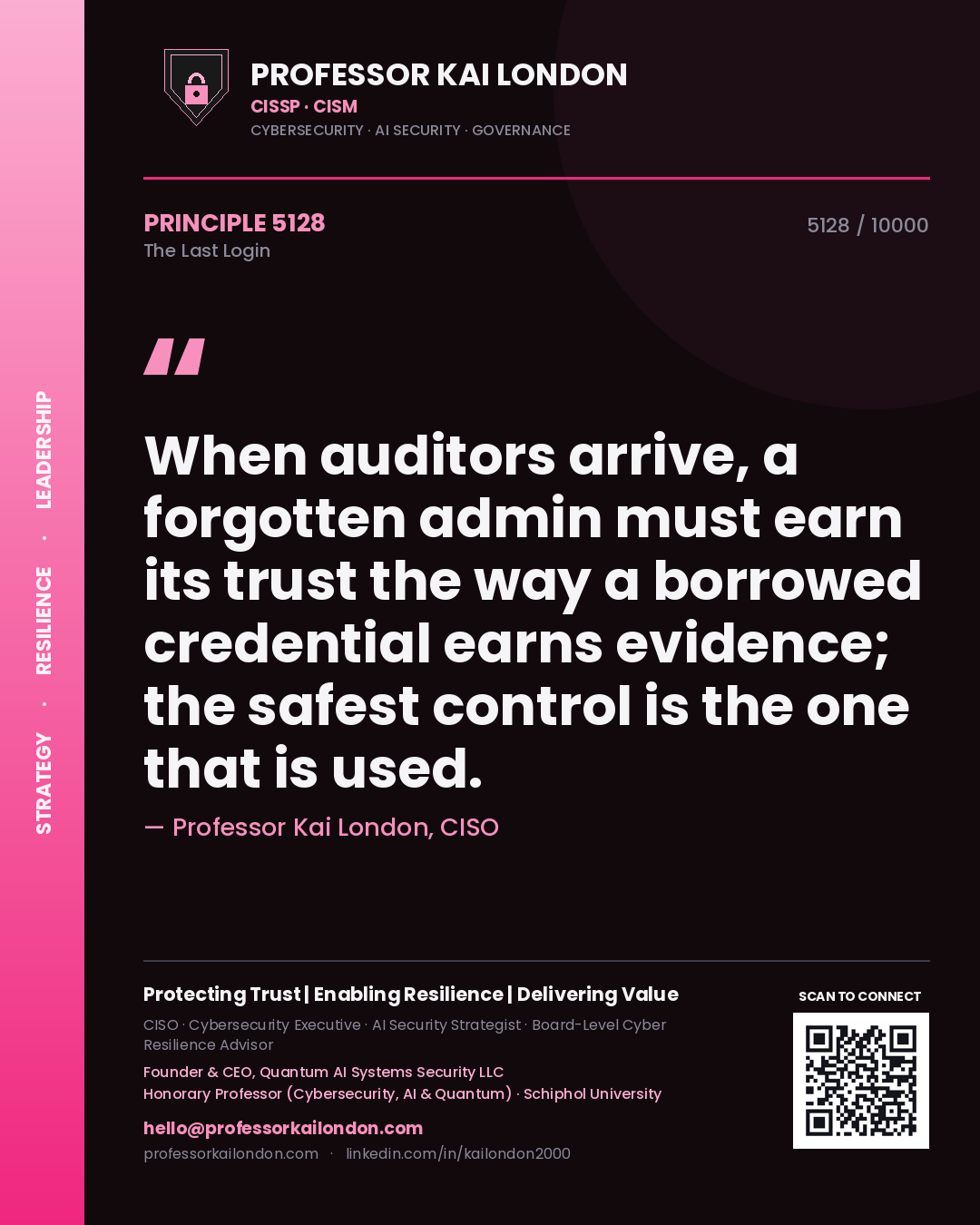 Quote card by Professor Kai London reading 'When auditors arrive, a forgotten admin must earn its trust the way a borrowed credential earns evidence; the safest control is the one that is used.'. From the book The Last Login.