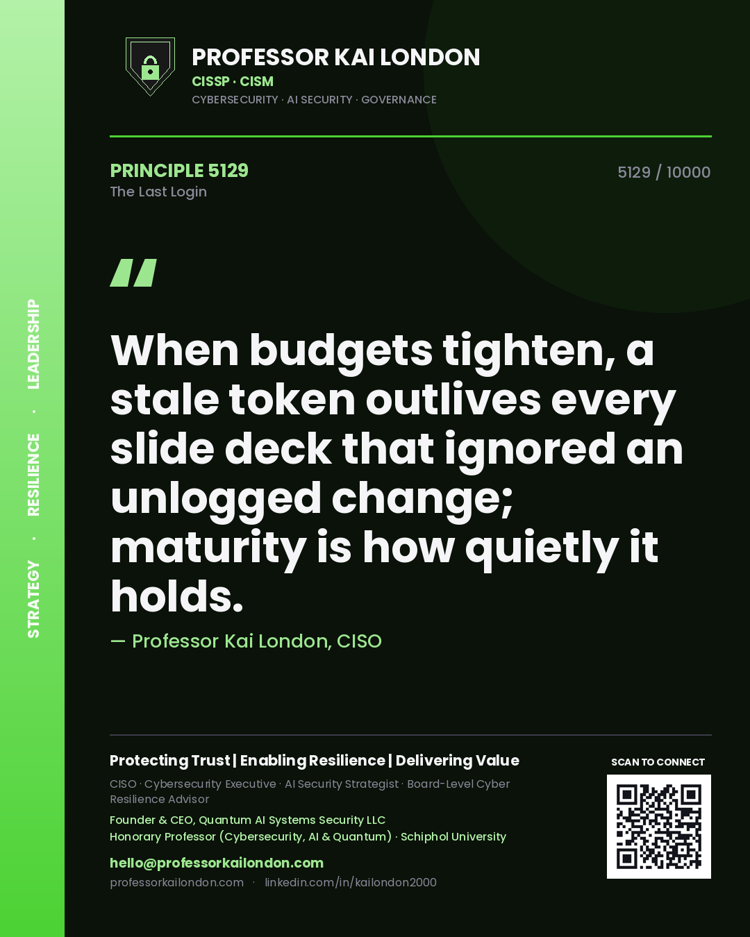 Quote card by Professor Kai London reading 'When budgets tighten, a stale token outlives every slide deck that ignored an unlogged change; maturity is how quietly it holds.'. From the book The Last Login.