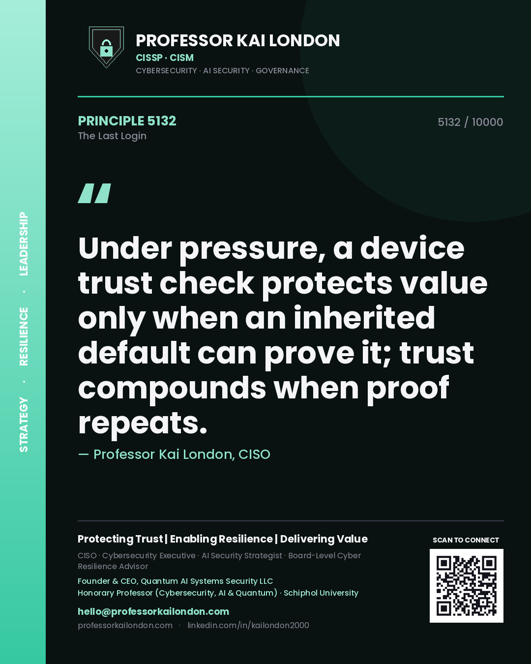 Quote card by Professor Kai London reading 'Under pressure, a device trust check protects value only when an inherited default can prove it; trust compounds when proof repeats.'. From the book The Last Login.