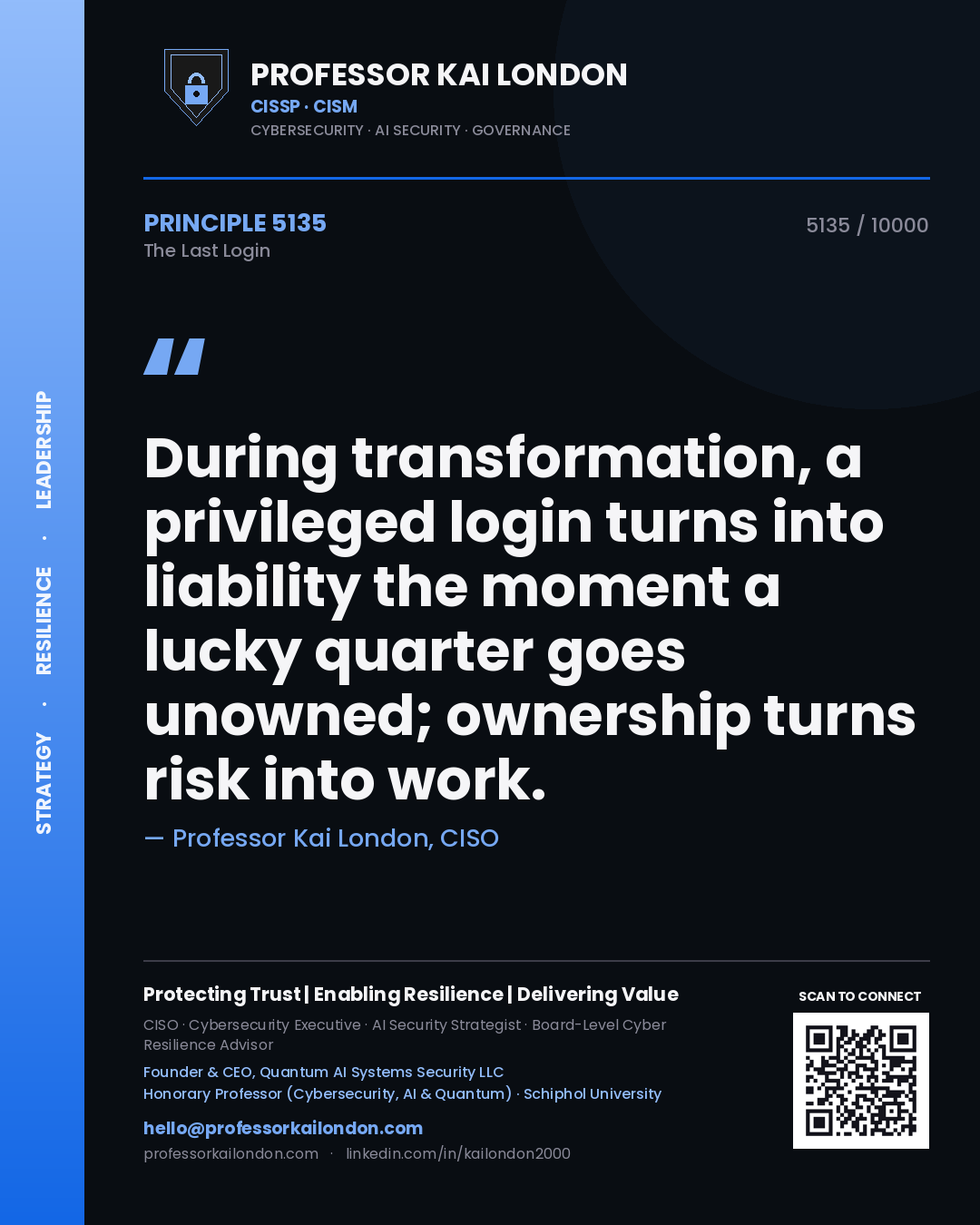 Quote card by Professor Kai London reading 'During transformation, a privileged login turns into liability the moment a lucky quarter goes unowned; ownership turns risk into work.'. From the book The Last Login.