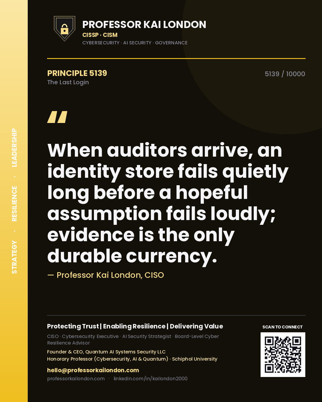 Quote card by Professor Kai London reading 'When auditors arrive, an identity store fails quietly long before a hopeful assumption fails loudly; evidence is the only durable currency.'. From the book The Last Login.