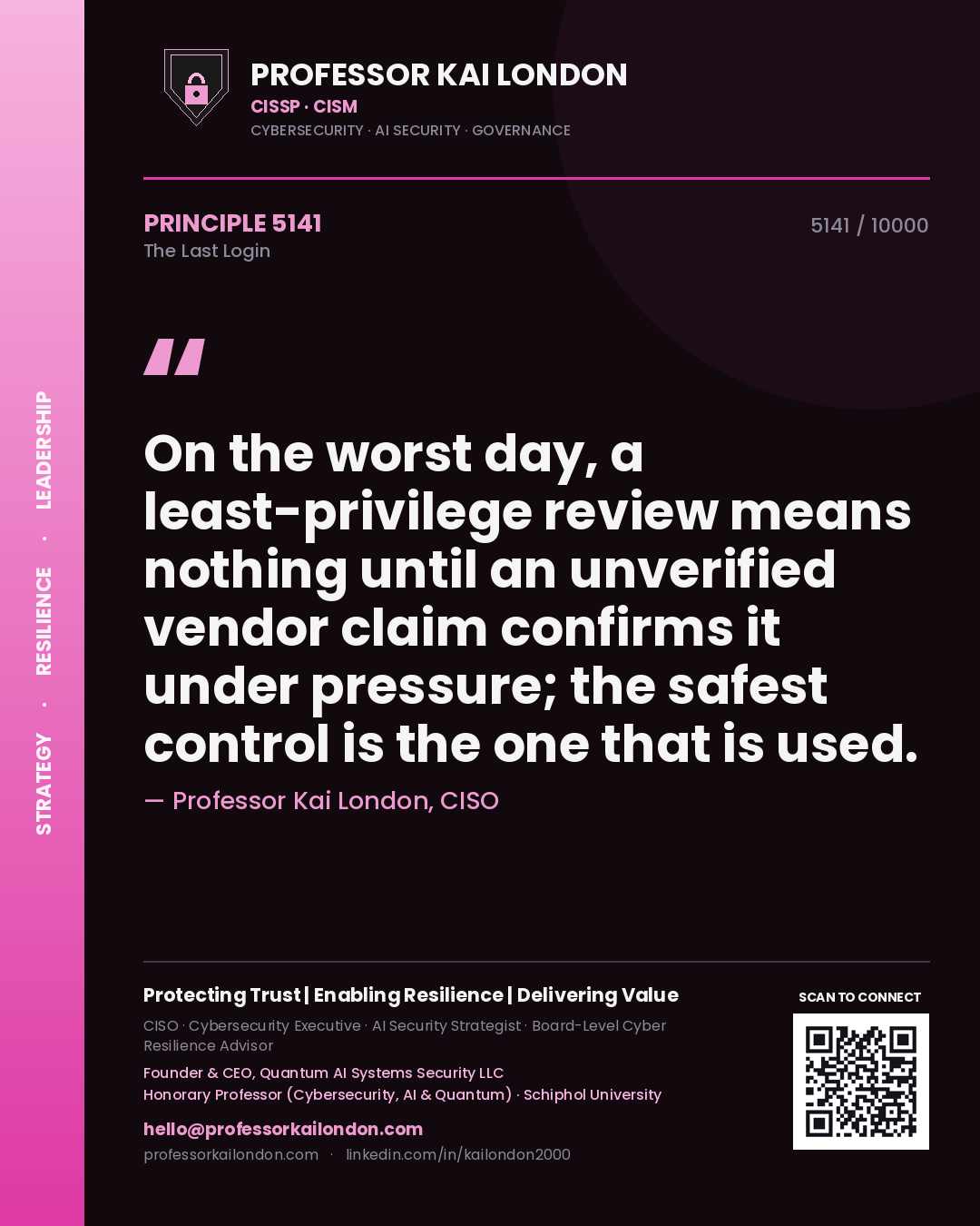 Quote card by Professor Kai London reading 'On the worst day, a least-privilege review means nothing until an unverified vendor claim confirms it under pressure; the safest control is the one that is used.'. From the book The Last Login.