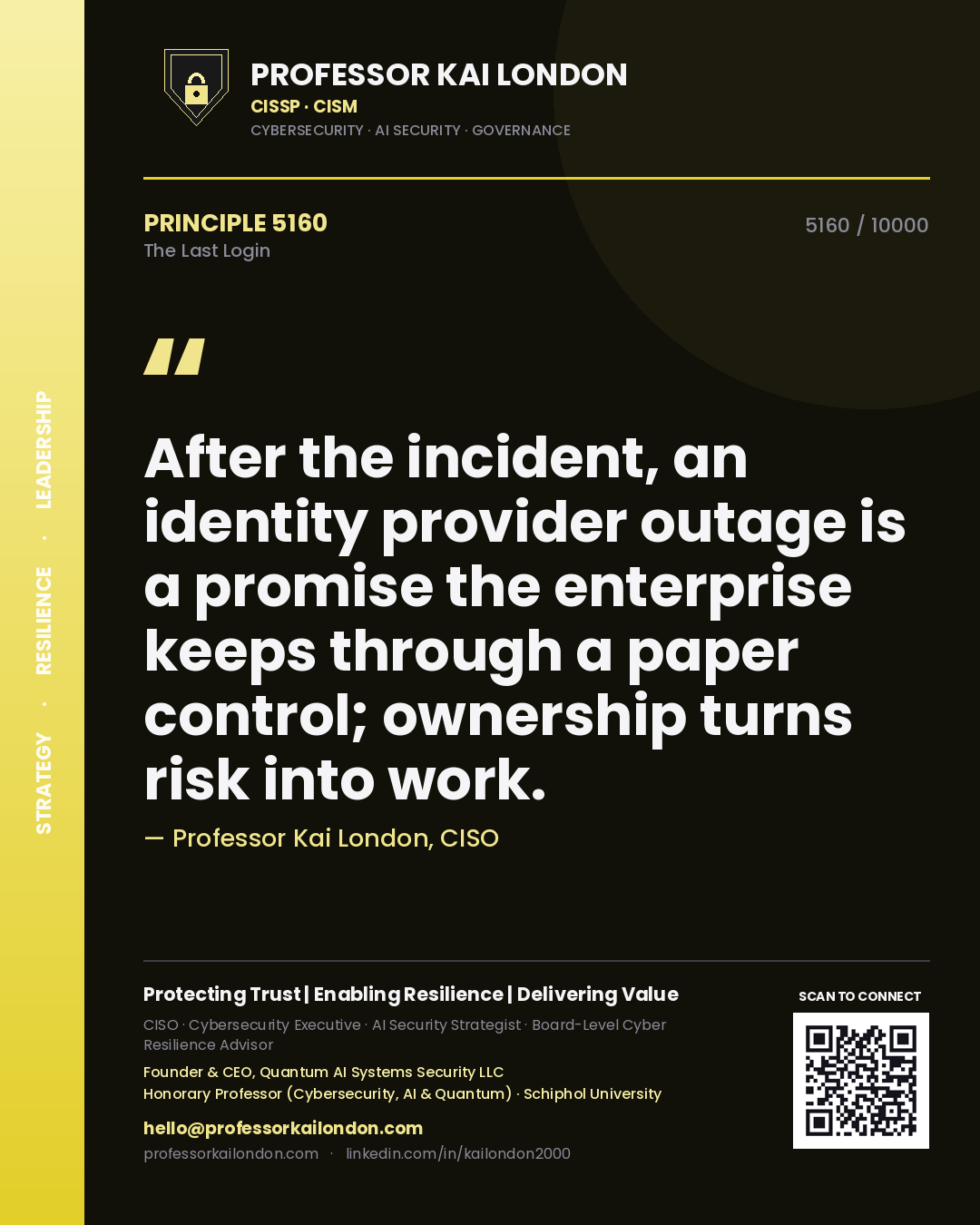 Quote card by Professor Kai London reading 'After the incident, an identity provider outage is a promise the enterprise keeps through a paper control; ownership turns risk into work.'. From the book The Last Login.