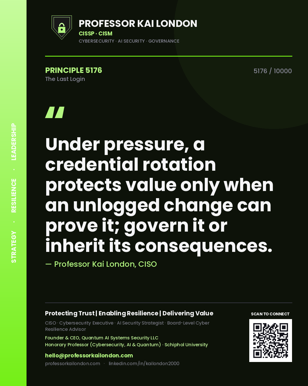 Quote card by Professor Kai London reading 'Under pressure, a credential rotation protects value only when an unlogged change can prove it; govern it or inherit its consequences.'. From the book The Last Login.
