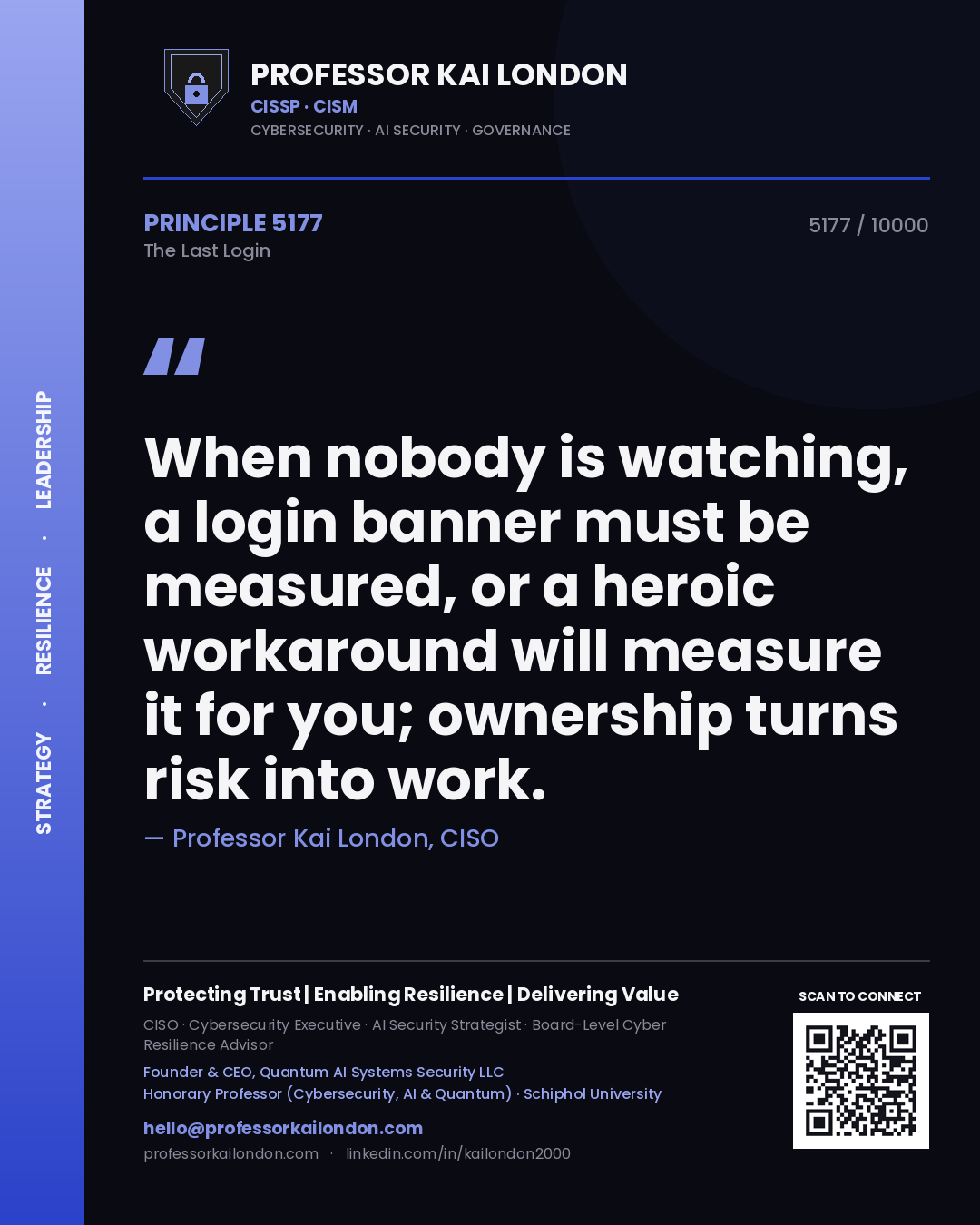 Quote card by Professor Kai London reading 'When nobody is watching, a login banner must be measured, or a heroic workaround will measure it for you; ownership turns risk into work.'. From the book The Last Login.