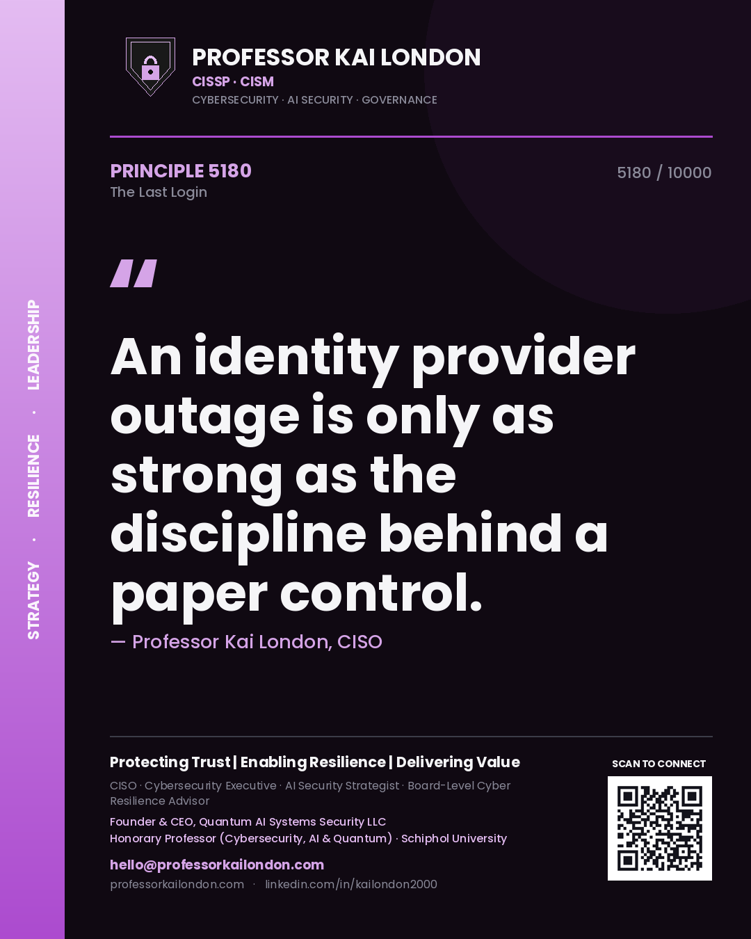 Quote card by Professor Kai London reading 'An identity provider outage is only as strong as the discipline behind a paper control.'. From the book The Last Login.