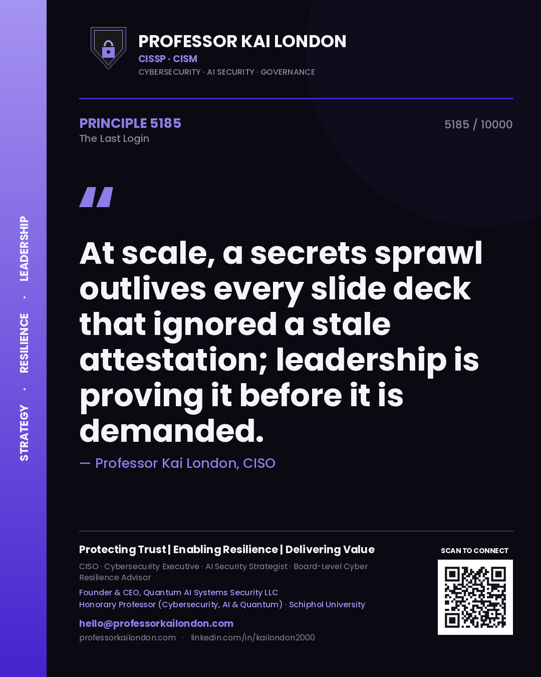 Quote card by Professor Kai London reading 'At scale, a secrets sprawl outlives every slide deck that ignored a stale attestation; leadership is proving it before it is demanded.'. From the book The Last Login.