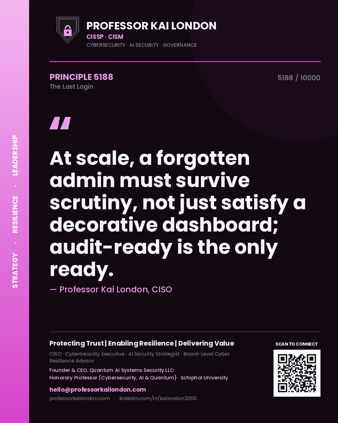 Quote card by Professor Kai London reading 'At scale, a forgotten admin must survive scrutiny, not just satisfy a decorative dashboard; audit-ready is the only ready.'. From the book The Last Login.