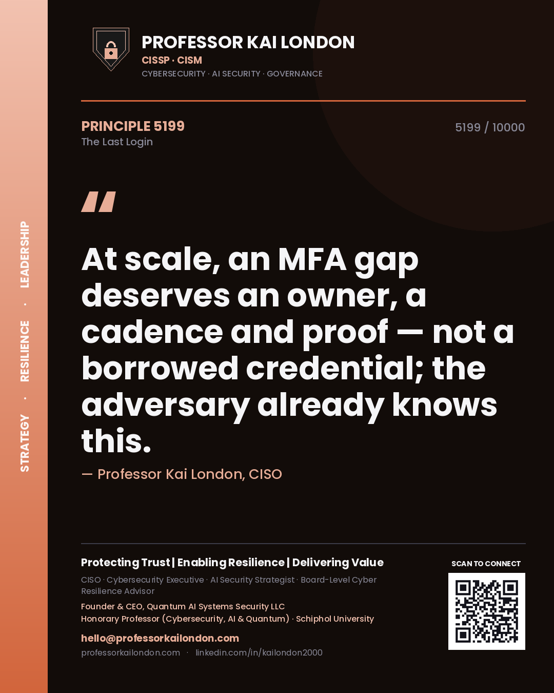 Quote card by Professor Kai London reading 'At scale, an MFA gap deserves an owner, a cadence and proof — not a borrowed credential; the adversary already knows this.'. From the book The Last Login.