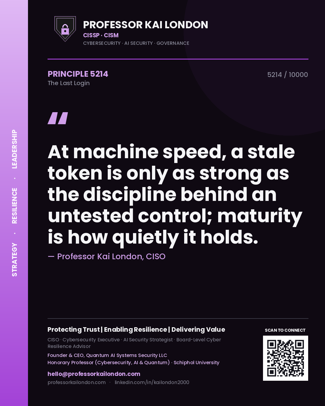 Quote card by Professor Kai London reading 'At machine speed, a stale token is only as strong as the discipline behind an untested control; maturity is how quietly it holds.'. From the book The Last Login.