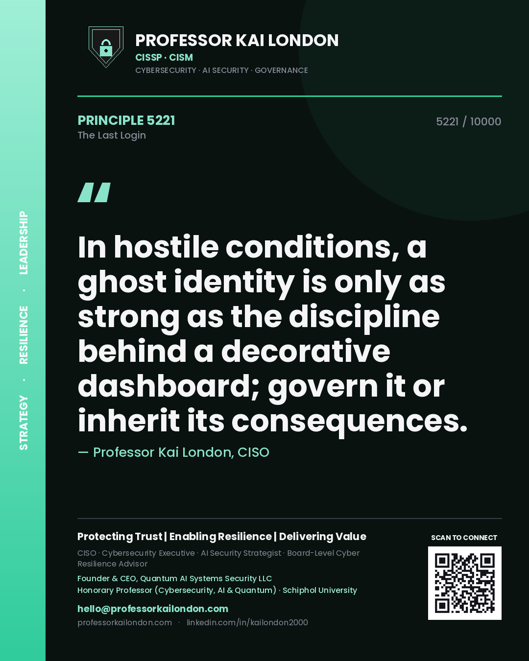 Professor Kai London principle 5221: In hostile conditions, a ghost identity is only as strong as the discipline behind a decorative dashboard; govern it or inherit its consequences.