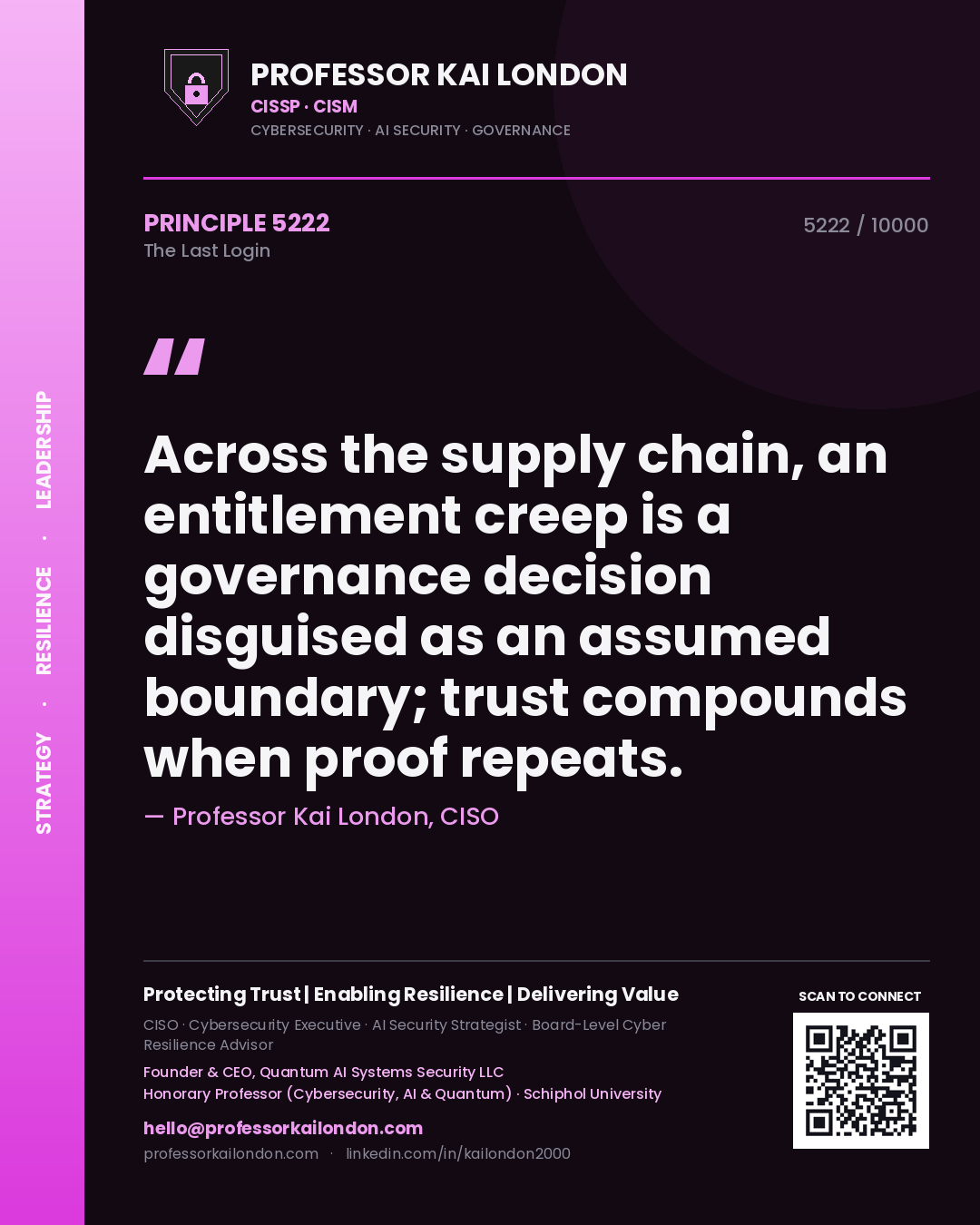 Quote card by Professor Kai London reading 'Across the supply chain, an entitlement creep is a governance decision disguised as an assumed boundary; trust compounds when proof repeats.'. From the book The Last Login.