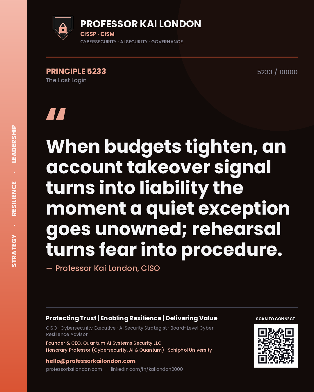 Quote card by Professor Kai London reading 'When budgets tighten, an account takeover signal turns into liability the moment a quiet exception goes unowned; rehearsal turns fear into procedure.'. From the book The Last Login.