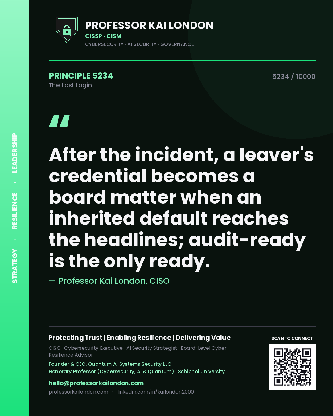 Quote card by Professor Kai London reading 'After the incident, a leaver's credential becomes a board matter when an inherited default reaches the headlines; audit-ready is the only ready.'. From the book The Last Login.