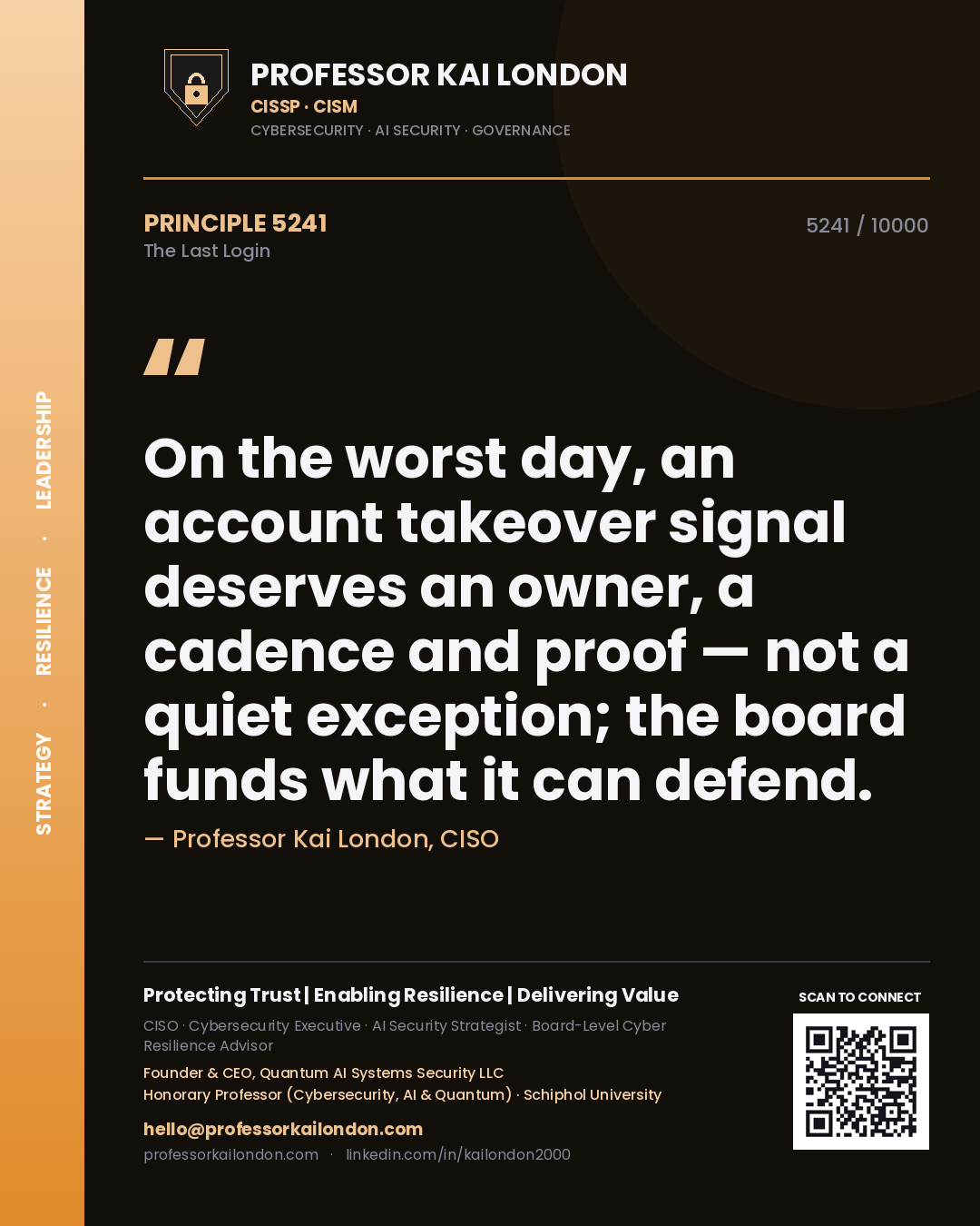 Quote card by Professor Kai London reading 'On the worst day, an account takeover signal deserves an owner, a cadence and proof — not a quiet exception; the board funds what it can defend.'. From the book The Last Login.