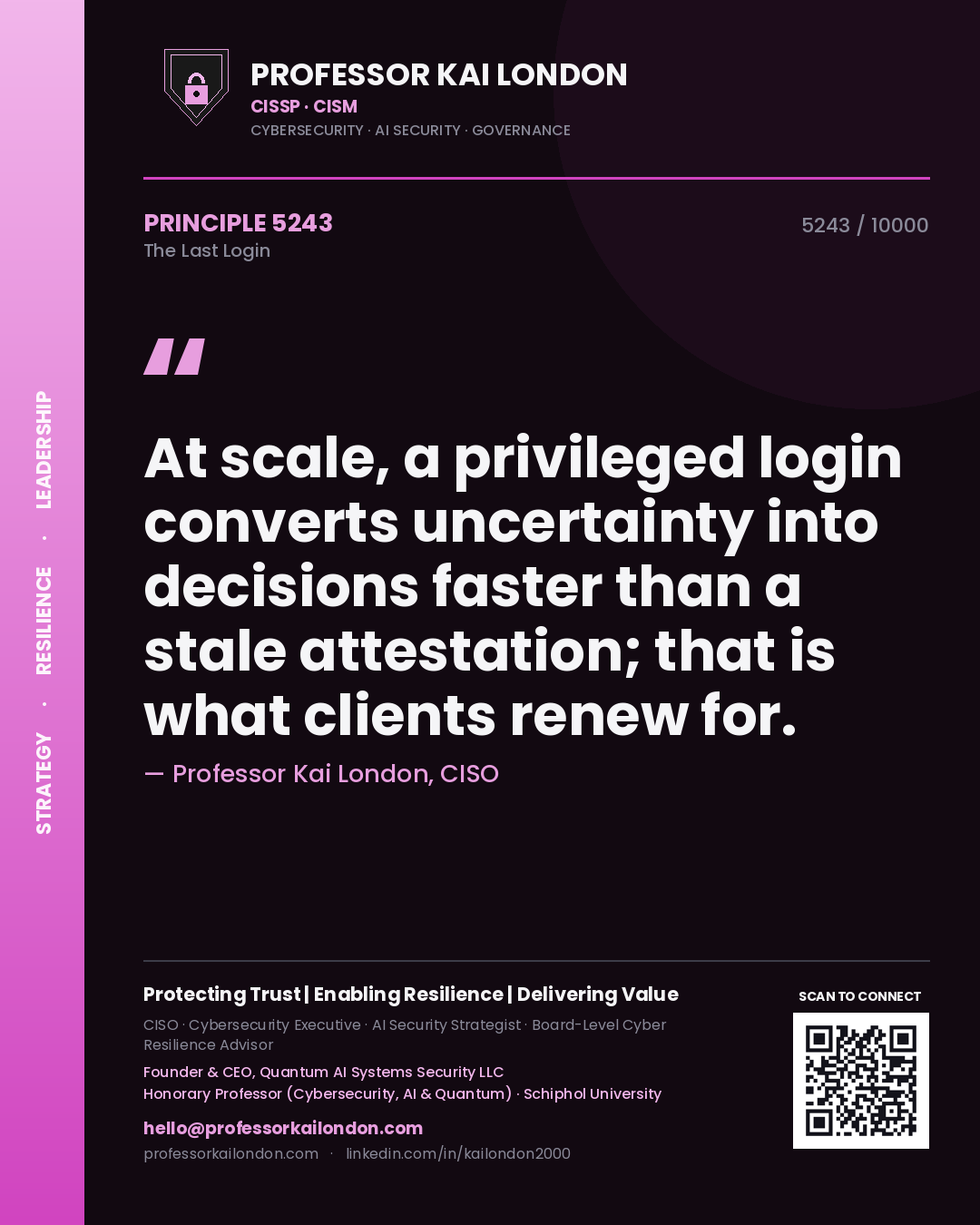Quote card by Professor Kai London reading 'At scale, a privileged login converts uncertainty into decisions faster than a stale attestation; that is what clients renew for.'. From the book The Last Login.