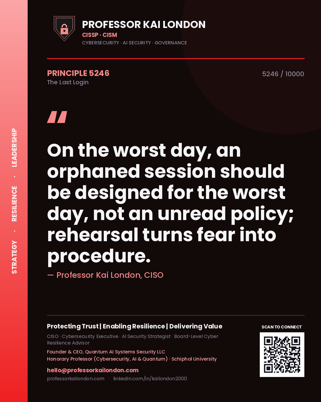 Quote card by Professor Kai London reading 'On the worst day, an orphaned session should be designed for the worst day, not an unread policy; rehearsal turns fear into procedure.'. From the book The Last Login.