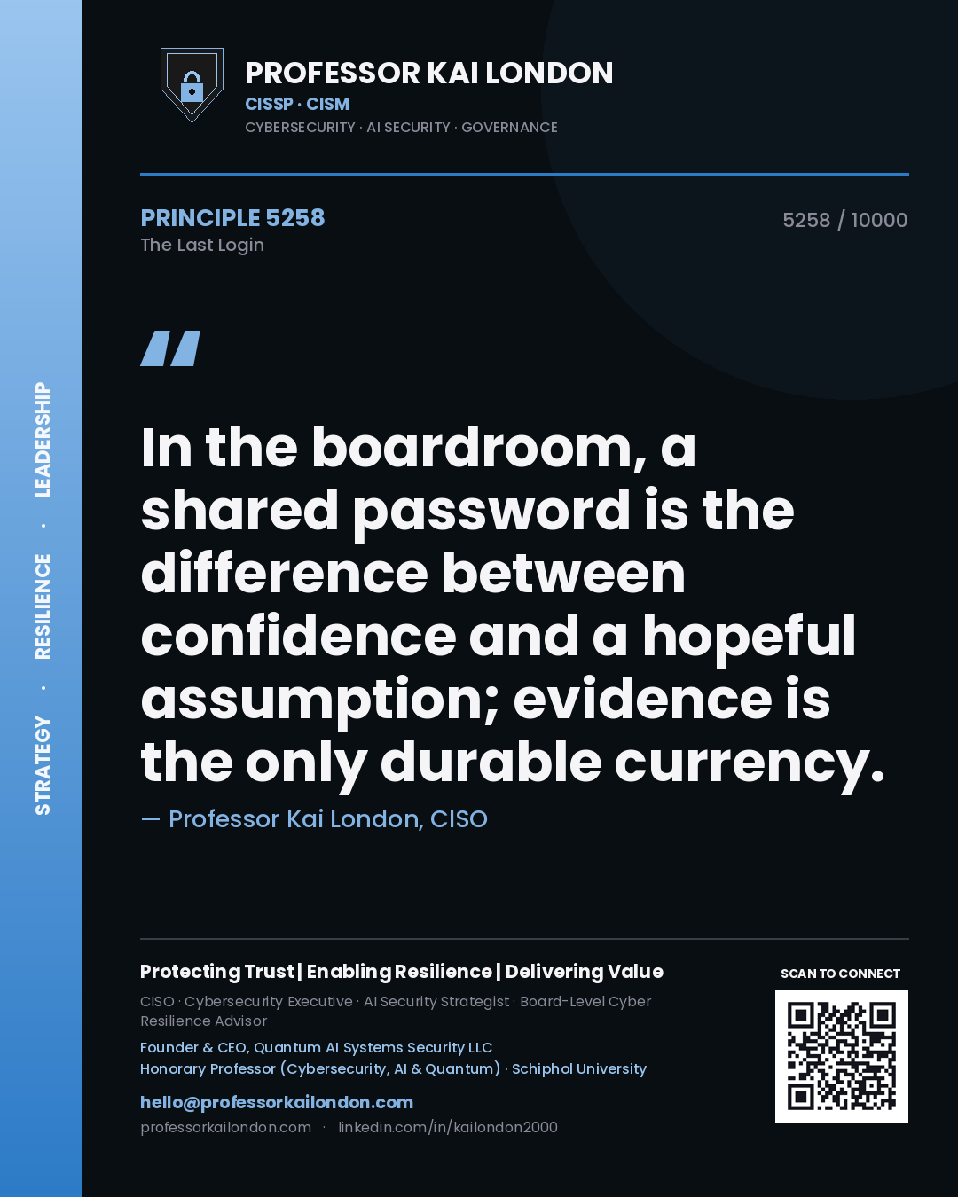 Quote card by Professor Kai London reading 'In the boardroom, a shared password is the difference between confidence and a hopeful assumption; evidence is the only durable currency.'. From the book The Last Login.