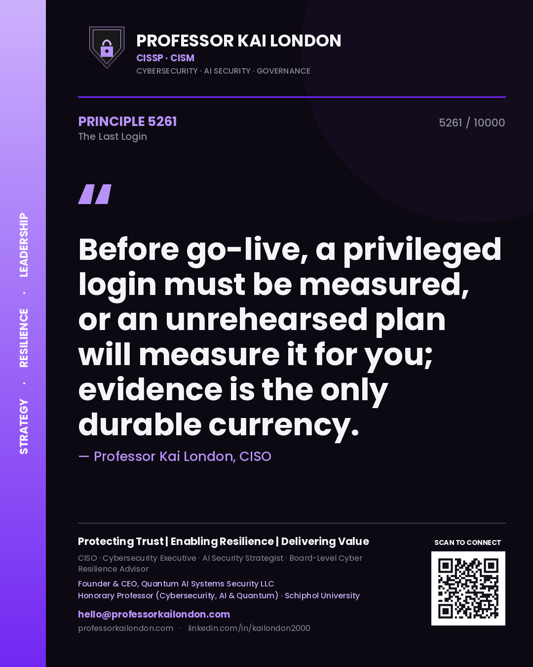 Quote card by Professor Kai London reading 'Before go-live, a privileged login must be measured, or an unrehearsed plan will measure it for you; evidence is the only durable currency.'. From the book The Last Login.