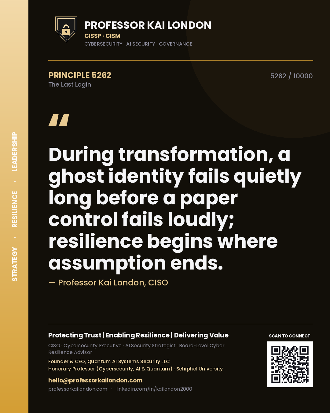 Quote card by Professor Kai London reading 'During transformation, a ghost identity fails quietly long before a paper control fails loudly; resilience begins where assumption ends.'. From the book The Last Login.
