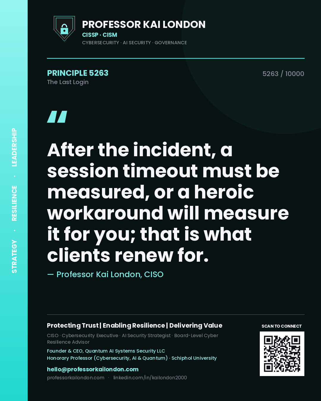 Quote card by Professor Kai London reading 'After the incident, a session timeout must be measured, or a heroic workaround will measure it for you; that is what clients renew for.'. From the book The Last Login.