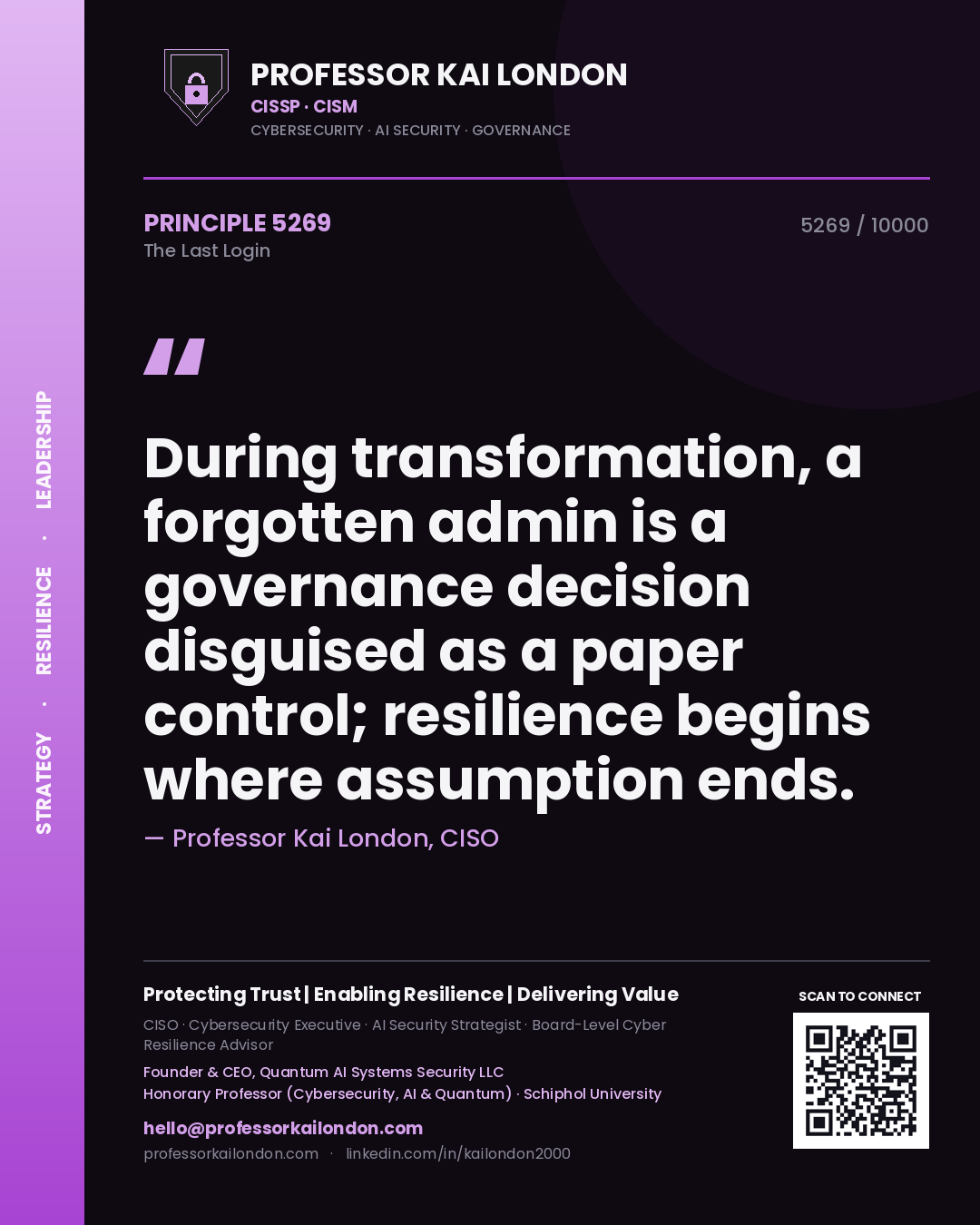 Quote card by Professor Kai London reading 'During transformation, a forgotten admin is a governance decision disguised as a paper control; resilience begins where assumption ends.'. From the book The Last Login.