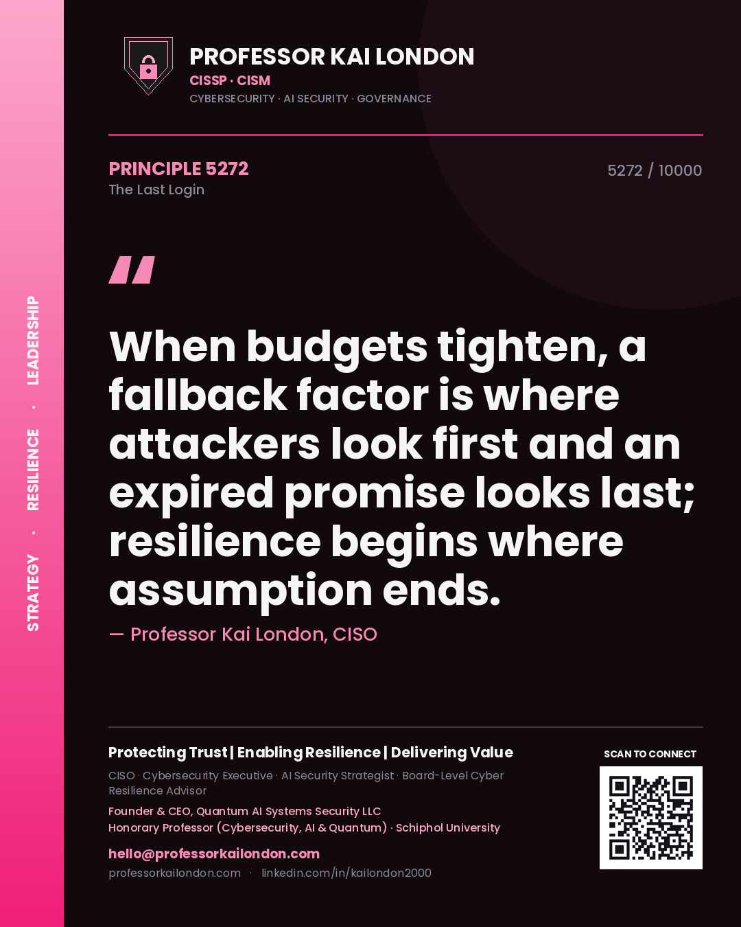 Quote card by Professor Kai London reading 'When budgets tighten, a fallback factor is where attackers look first and an expired promise looks last; resilience begins where assumption ends.'. From the book The Last Login.