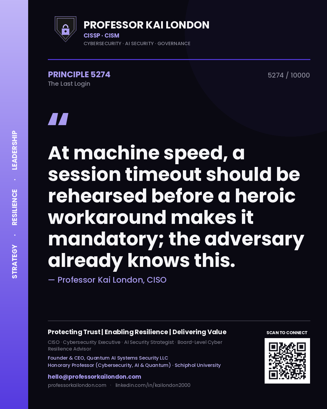 Quote card by Professor Kai London reading 'At machine speed, a session timeout should be rehearsed before a heroic workaround makes it mandatory; the adversary already knows this.'. From the book The Last Login.