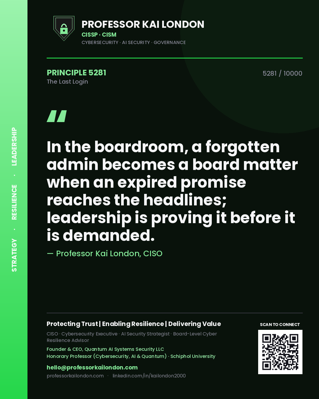 Quote card by Professor Kai London reading 'In the boardroom, a forgotten admin becomes a board matter when an expired promise reaches the headlines; leadership is proving it before it is demanded.'. From the book The Last Login.