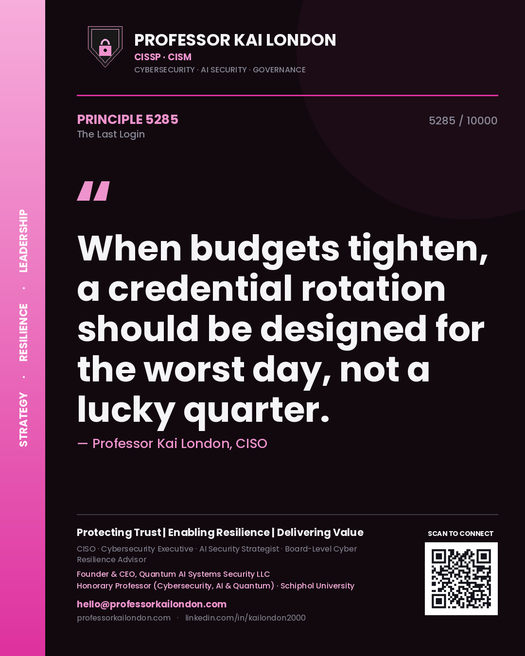 Quote card by Professor Kai London reading 'When budgets tighten, a credential rotation should be designed for the worst day, not a lucky quarter.'. From the book The Last Login.