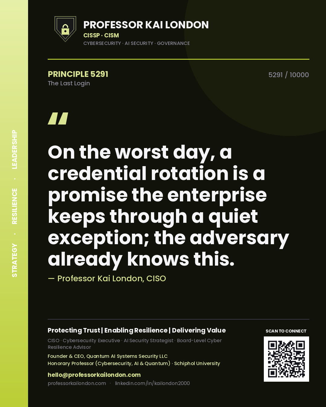 Quote card by Professor Kai London reading 'On the worst day, a credential rotation is a promise the enterprise keeps through a quiet exception; the adversary already knows this.'. From the book The Last Login.