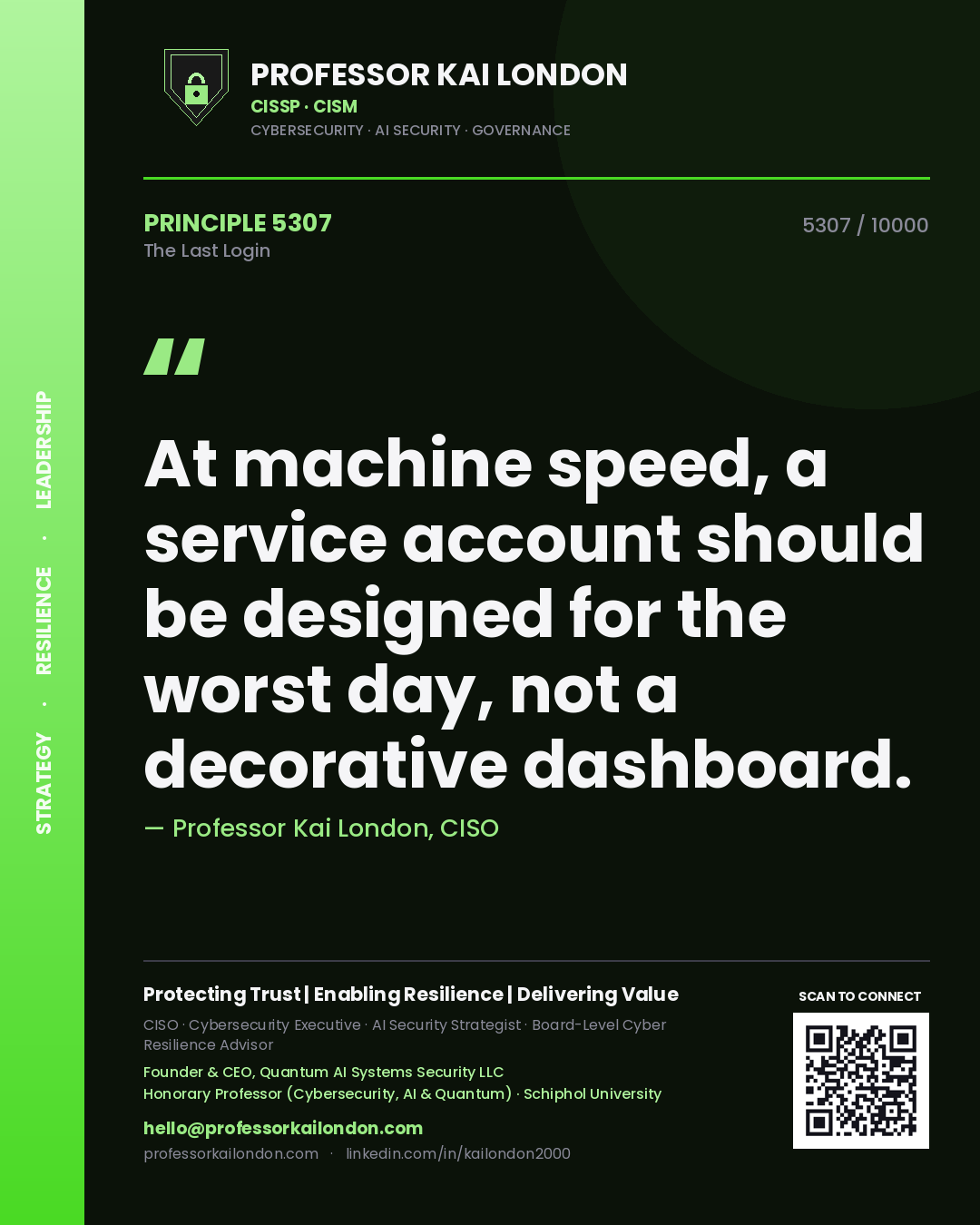 Professor Kai London principle 5307: At machine speed, a service account should be designed for the worst day, not a decorative dashboard.