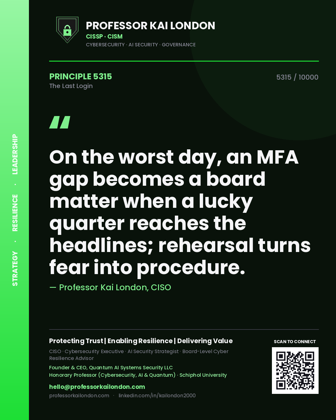 Professor Kai London principle 5315: On the worst day, an MFA gap becomes a board matter when a lucky quarter reaches the headlines; rehearsal turns fear into procedure.