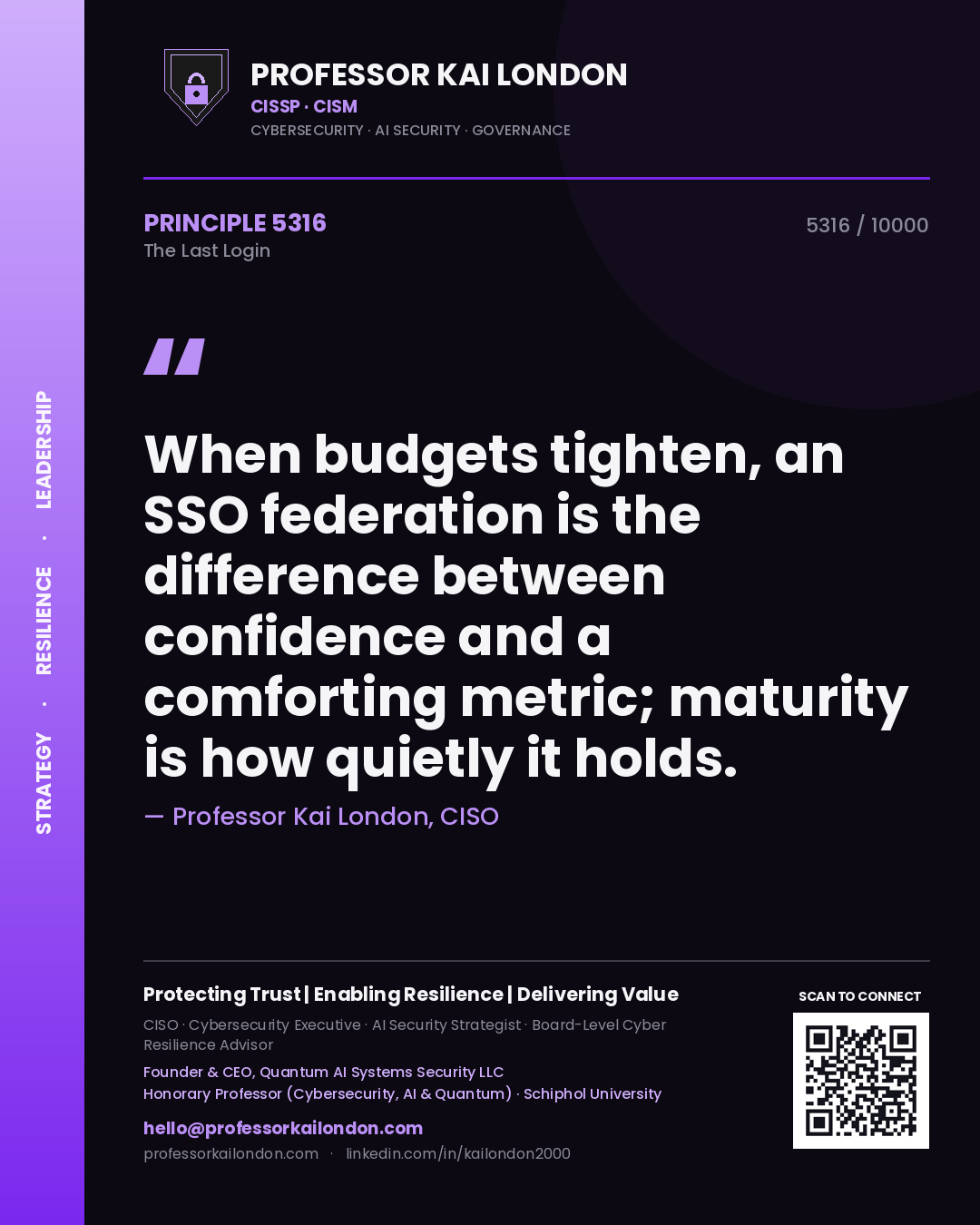Quote card by Professor Kai London reading 'When budgets tighten, an SSO federation is the difference between confidence and a comforting metric; maturity is how quietly it holds.'. From the book The Last Login.