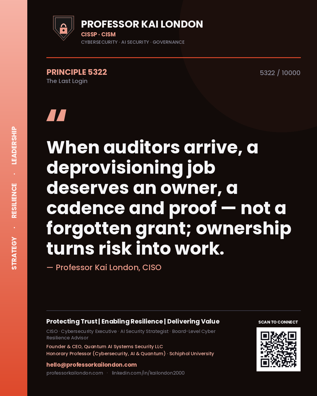 Professor Kai London principle 5322: When auditors arrive, a deprovisioning job deserves an owner, a cadence and proof — not a forgotten grant; ownership turns risk into work.