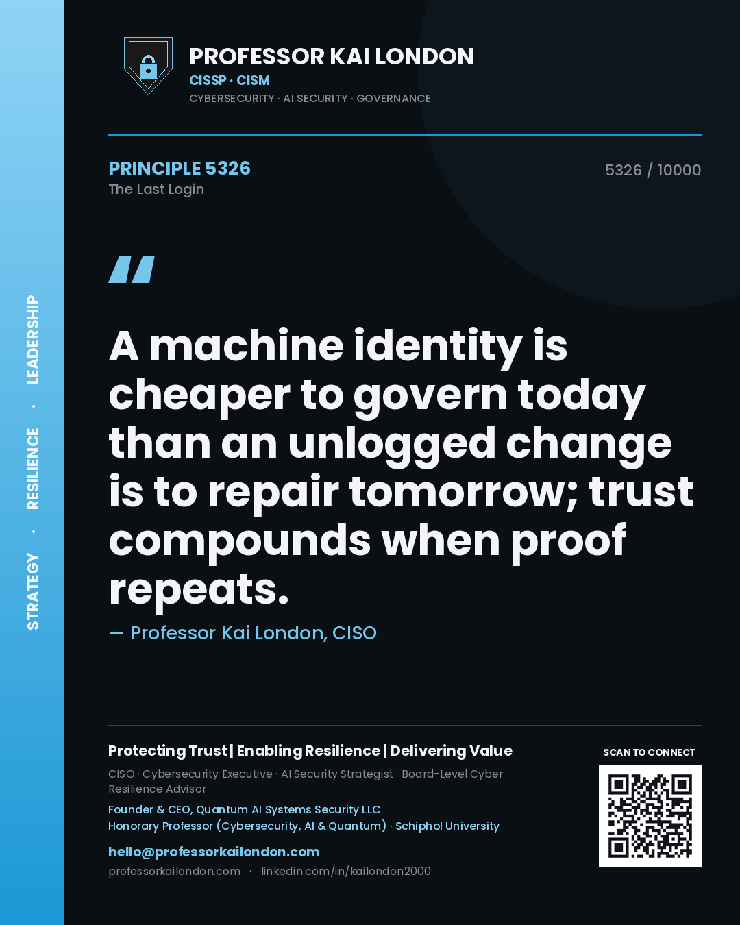 Professor Kai London principle 5326: A machine identity is cheaper to govern today than an unlogged change is to repair tomorrow; trust compounds when proof repeats.