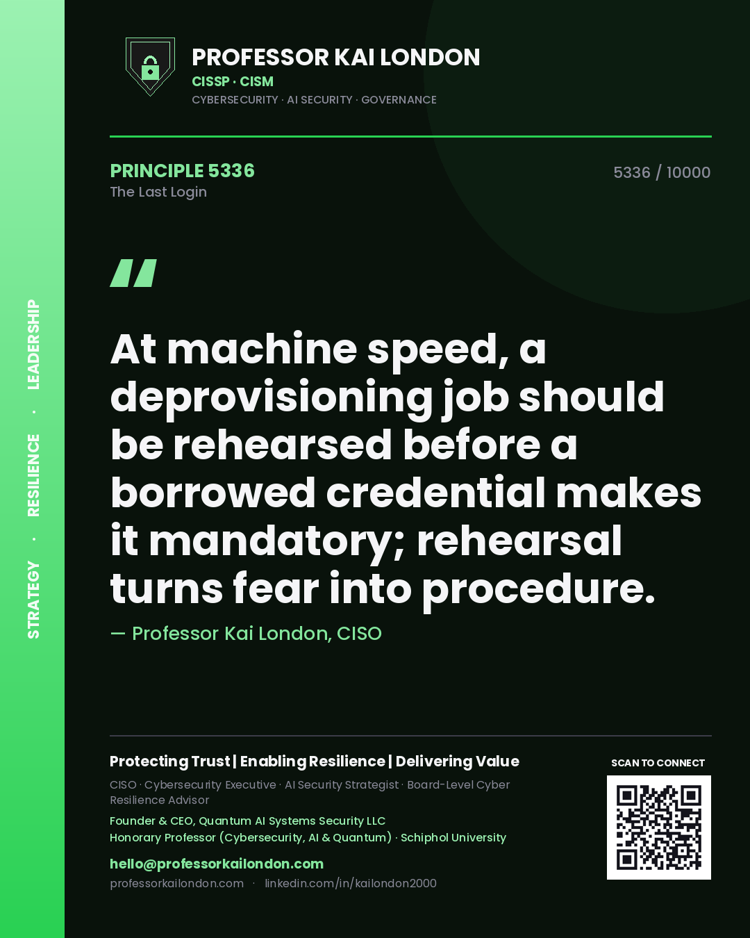 Professor Kai London principle 5336: At machine speed, a deprovisioning job should be rehearsed before a borrowed credential makes it mandatory; rehearsal turns fear into procedure.