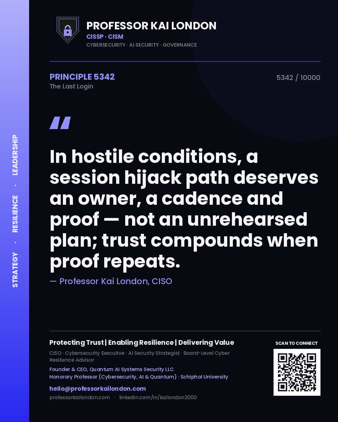 Quote card by Professor Kai London reading 'In hostile conditions, a session hijack path deserves an owner, a cadence and proof — not an unrehearsed plan; trust compounds when proof repeats.'. From the book The Last Login.