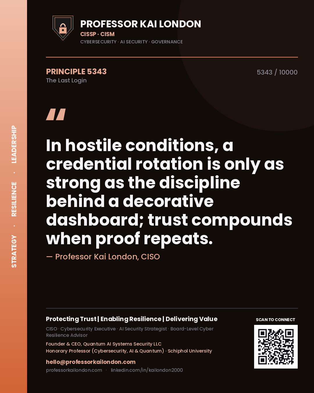 Quote card by Professor Kai London reading 'In hostile conditions, a credential rotation is only as strong as the discipline behind a decorative dashboard; trust compounds when proof repeats.'. From the book The Last Login.