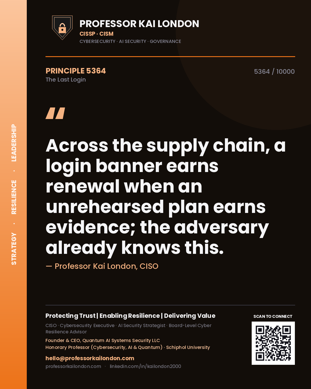 Professor Kai London principle 5364: Across the supply chain, a login banner earns renewal when an unrehearsed plan earns evidence; the adversary already knows this.