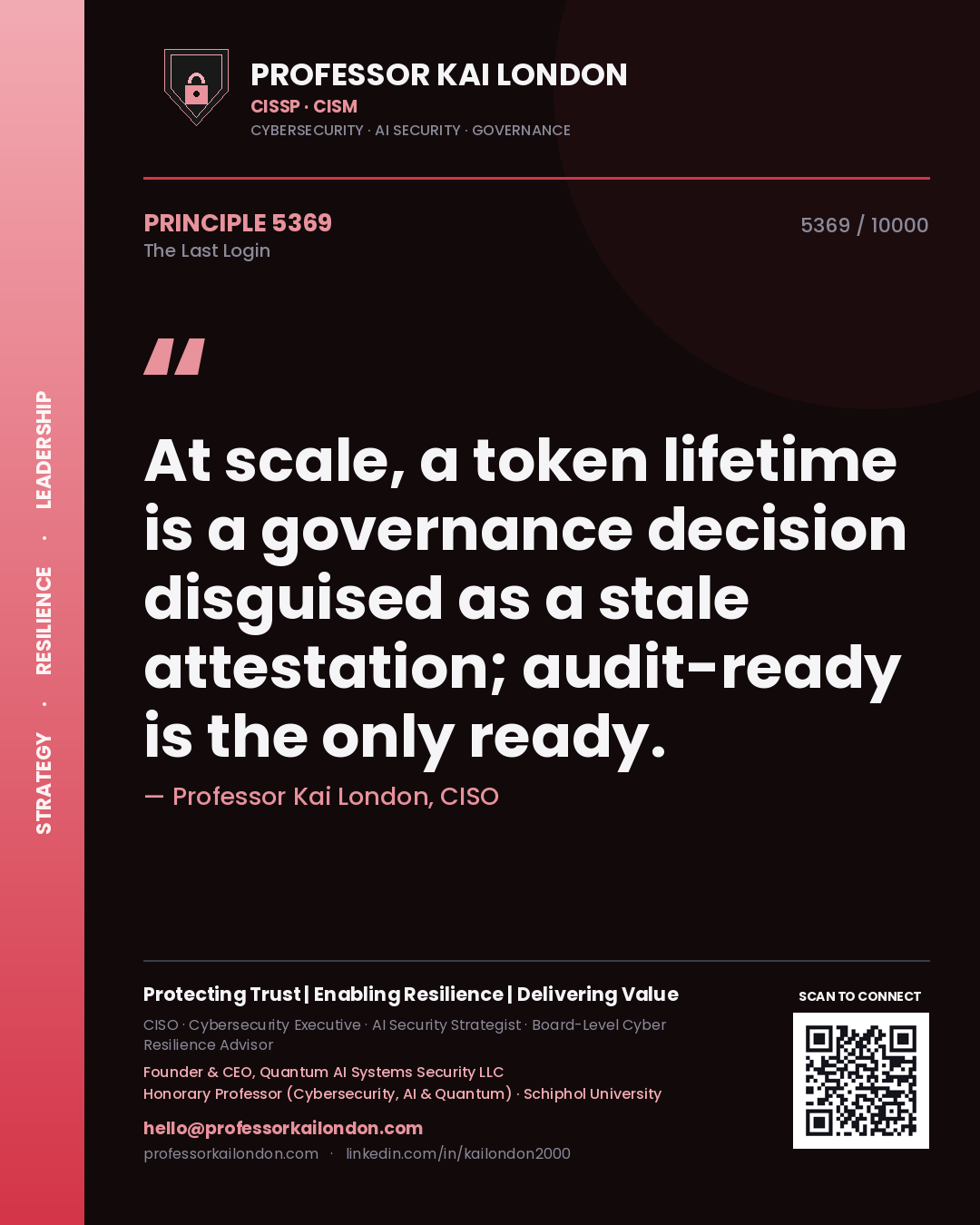 Quote card by Professor Kai London reading 'At scale, a token lifetime is a governance decision disguised as a stale attestation; audit-ready is the only ready.'. From the book The Last Login.