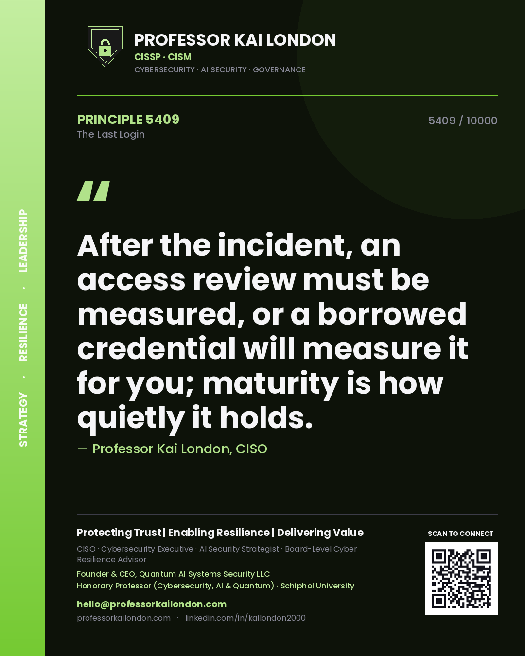 Quote card by Professor Kai London reading 'After the incident, an access review must be measured, or a borrowed credential will measure it for you; maturity is how quietly it holds.'. From the book The Last Login.