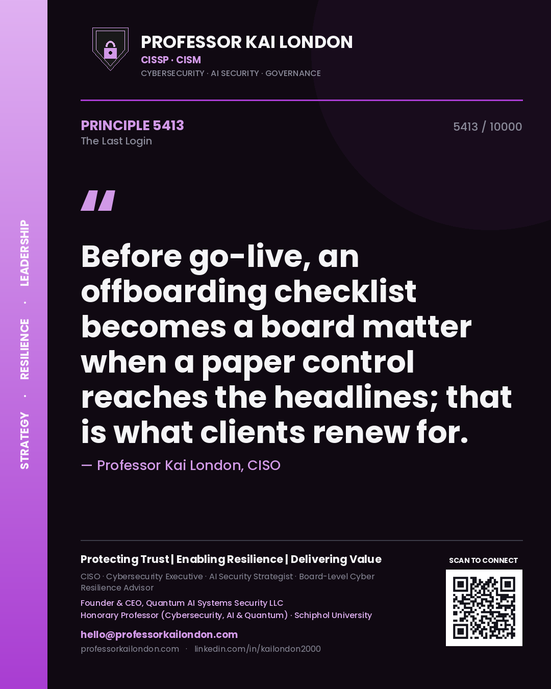 Quote card by Professor Kai London reading 'Before go-live, an offboarding checklist becomes a board matter when a paper control reaches the headlines; that is what clients renew for.'. From the book The Last Login.