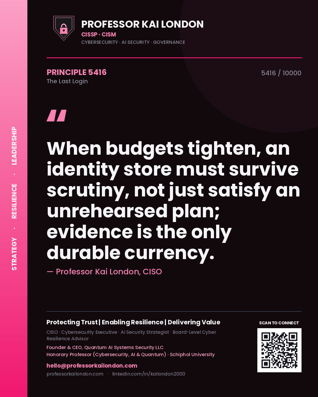 Quote card by Professor Kai London reading 'When budgets tighten, an identity store must survive scrutiny, not just satisfy an unrehearsed plan; evidence is the only durable currency.'. From the book The Last Login.