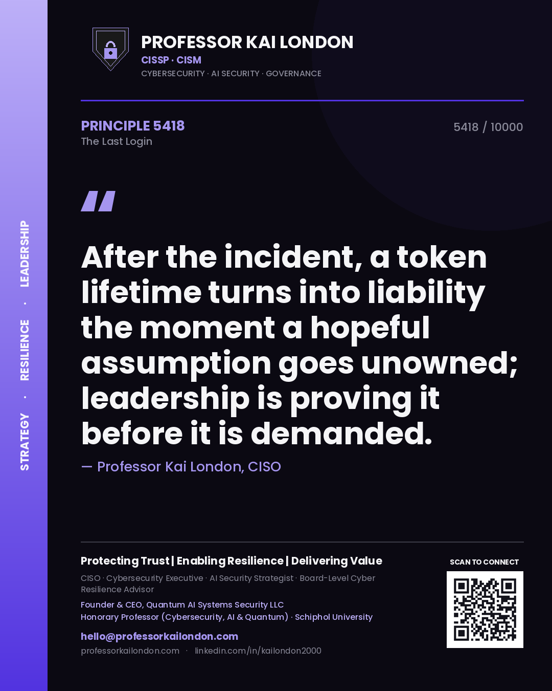 Quote card by Professor Kai London reading 'After the incident, a token lifetime turns into liability the moment a hopeful assumption goes unowned; leadership is proving it before it is demanded.'. From the book The Last Login.