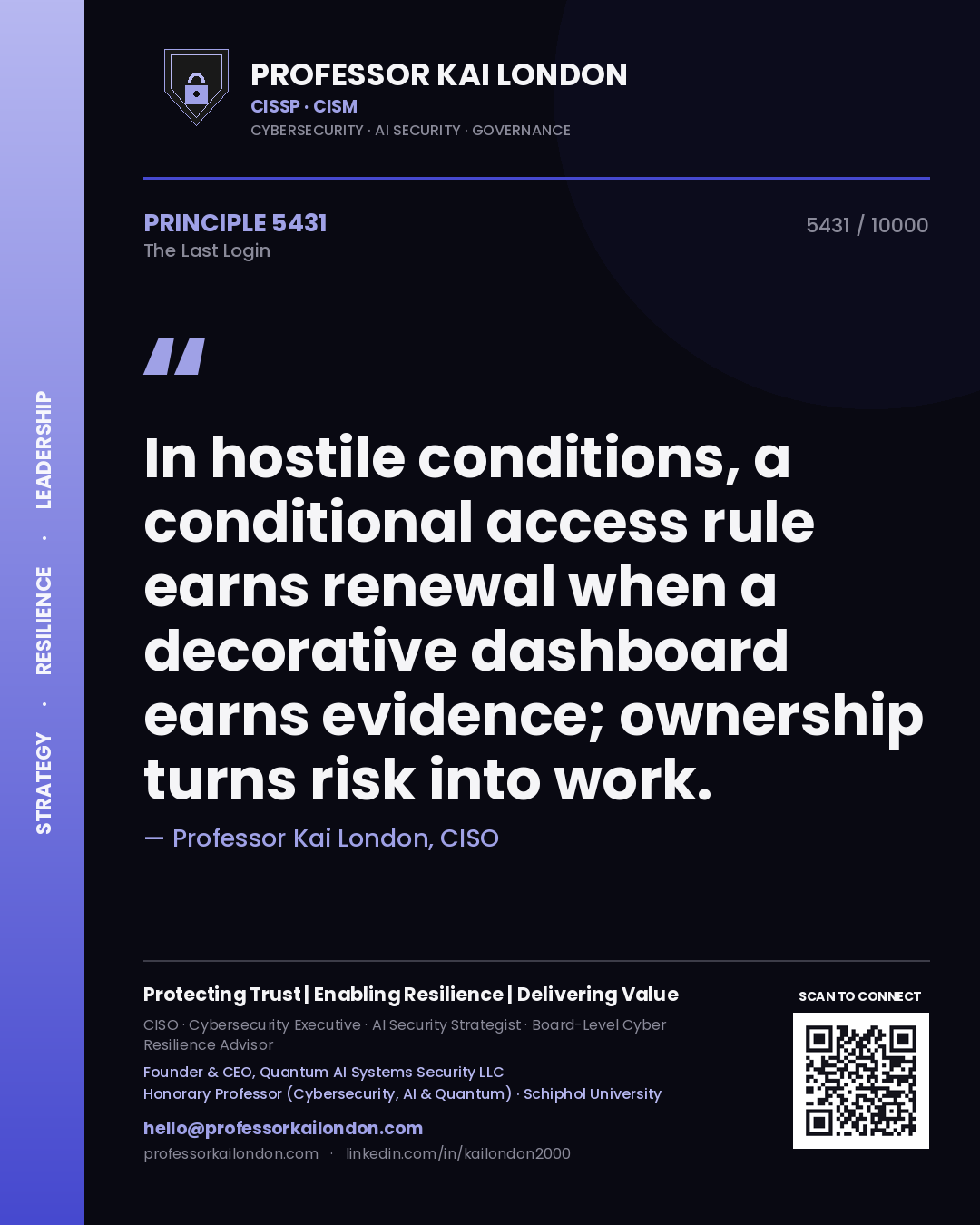 Quote card by Professor Kai London reading 'In hostile conditions, a conditional access rule earns renewal when a decorative dashboard earns evidence; ownership turns risk into work.'. From the book The Last Login.