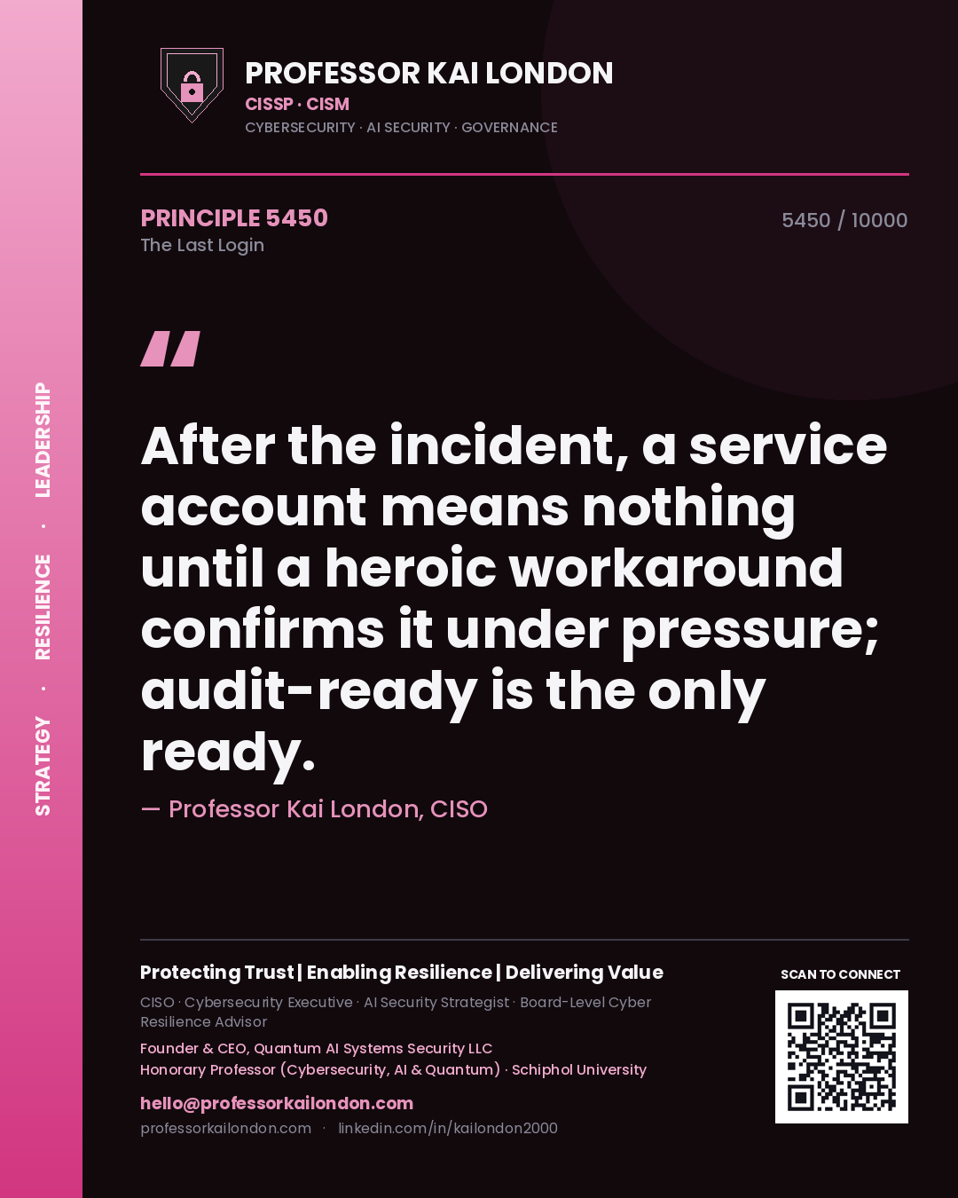 Quote card by Professor Kai London reading 'After the incident, a service account means nothing until a heroic workaround confirms it under pressure; audit-ready is the only ready.'. From the book The Last Login.