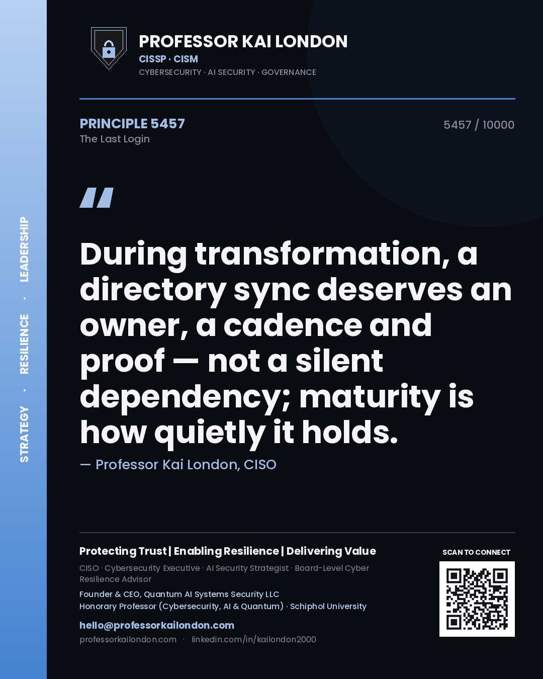 Professor Kai London principle 5457: During transformation, a directory sync deserves an owner, a cadence and proof — not a silent dependency; maturity is how quietly it holds.